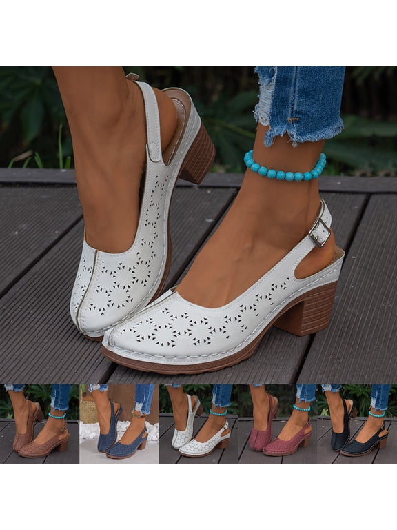 Women's Chunky Heels Sandals Closed Round Toe Slingback Pumps Slip-On Summer Beach Casual Work Dress Shoes, White Size 6.5