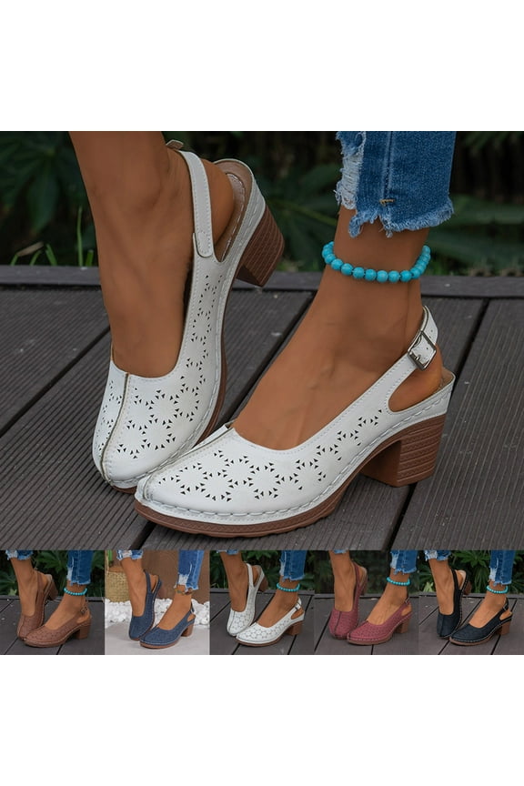 Women's Chunky Heels Sandals Closed Round Toe Slingback Pumps Slip-On Summer Beach Casual Work Dress Shoes, White Size 8.5