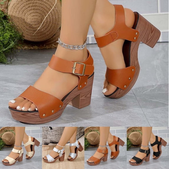GERsome Women's Chunky Heels Sandals Platform Open Toe Ankle Strap Casual Work Party Wedding Pumps Shoes, Brown Size 5.5