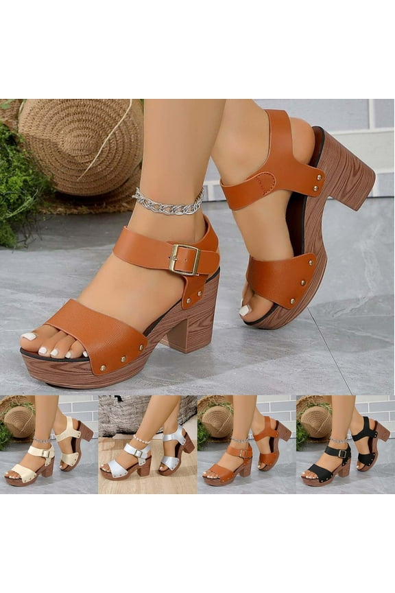 Women's Chunky Heels Sandals Platform Open Toe Ankle Strap Casual Work Party Wedding Pumps Shoes, Brown Size 6