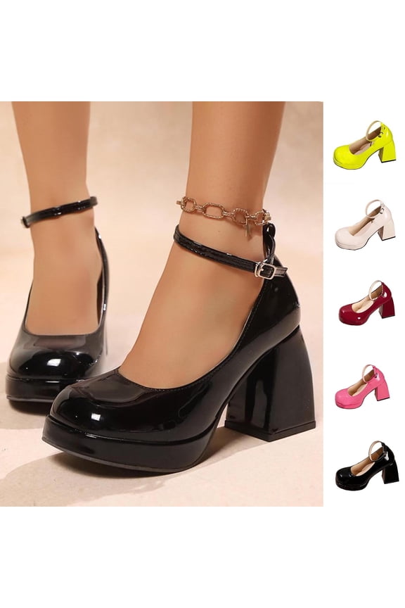 Women's Chunky Platform Heels Closed Toe Ankle Strap Block Heel Mary Janes Pumps Shoes, Black Size 5.5
