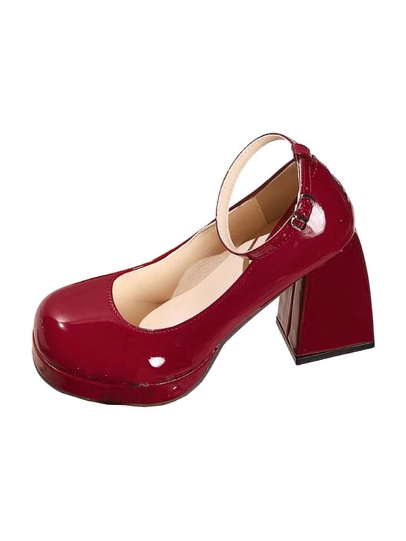 Women's Chunky Platform Heels Closed Toe Ankle Strap Block Heel Mary Janes Pumps Shoes, Wine Size 6.5
