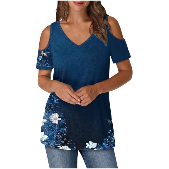GERsome Women's Cold Shoulder Tops Short Sleeve V Neck T Shirts Basic Summer Tees Floral Print Loose Fit Tee Tunic Blouse for Leggings S-XXL