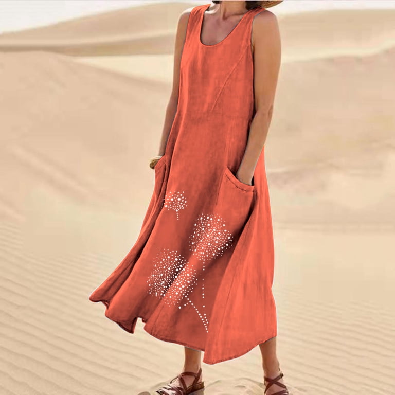 GERsome Women's Cotton Linen Casual Loose Pockets Long Dress Plain Sleeveless  Tank Dress - Walmart.com