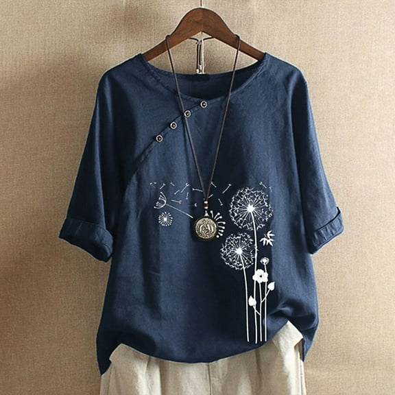 GERsome Women's Cotton Linen Round Neck Top Dandelion Print Blouses