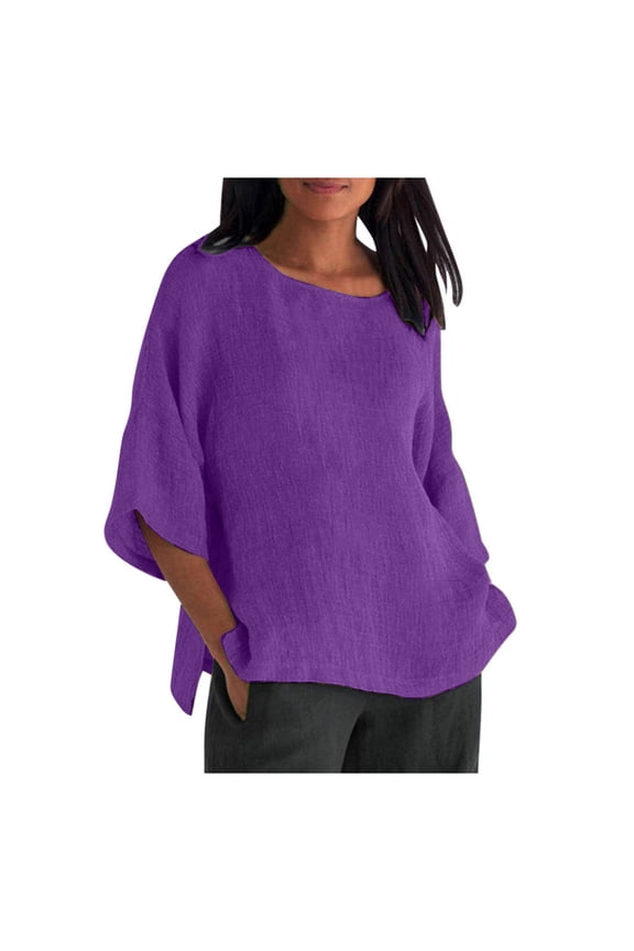 Women's Cotton Linen Shirts Short Sleeve Cotton Blouses Casual Loose Round Collar Solid Boxy Tunics Top