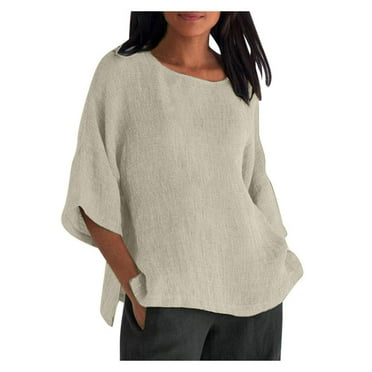 GERsome Women's Cotton Linen Shirts Short Sleeve Cotton Blouses Casual Loose Round Collar Solid Boxy Tunics Top