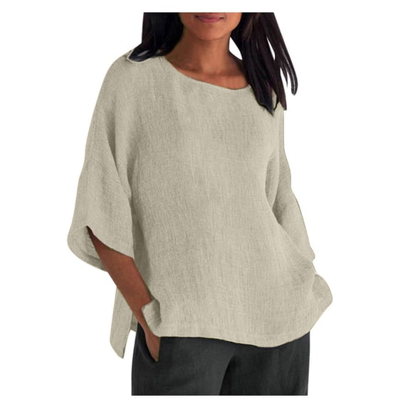 GERsome Women's Cotton Linen Shirts Short Sleeve Cotton Blouses Casual Loose Round Collar Solid Boxy Tunics Top