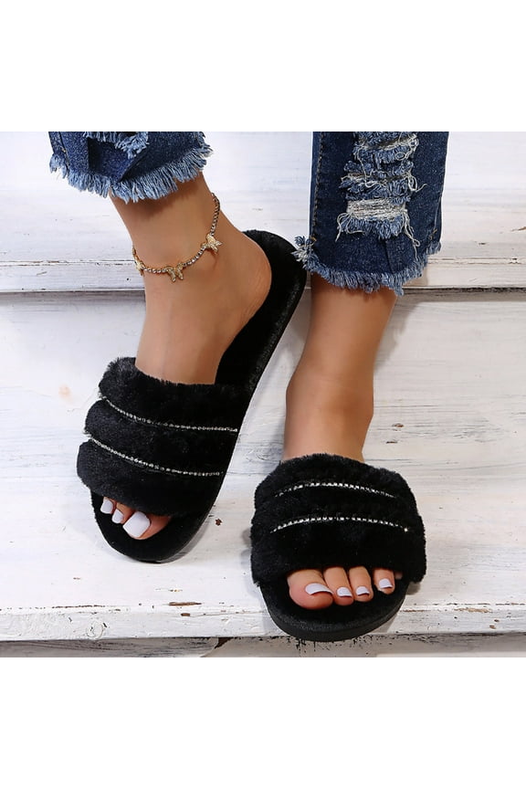 Women's Cozy Slippers Fuzzy Peep Toe House Shoes ,Indoor Outdoor Anti-Skid Rubber Sole