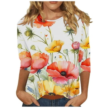 GERsome Women's Crew Neck 3/4 Sleeve T Shirt Floral Print Casual Basic Tops Summer Tees