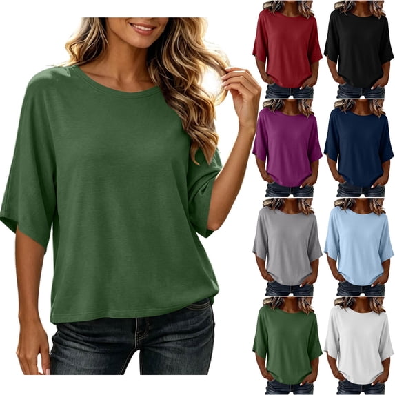 GERsome Women's Crew Neck 3/4 Sleeve Tops Loose Fit Basic T Shirts Polyester Blend Casual Work Tee Army Green Size XL