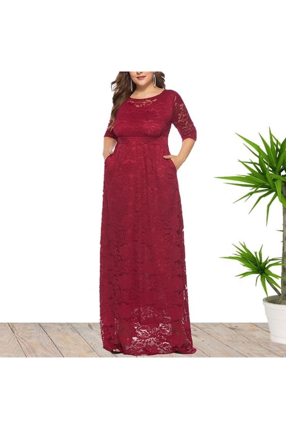 Women's Crewneck 3/4 Sleeve Lace Bridesmaid Dress Wedding Party Gown Evening Dress Long Skirt