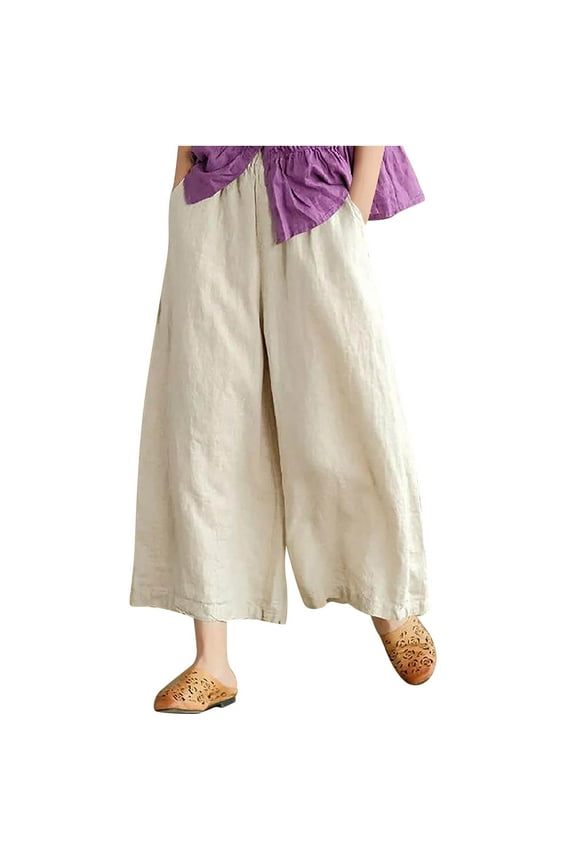 Women's Culottes Linen Cropped Wide Leg Pants Elastic Waist Casual Palazzo Trousers with Pockets