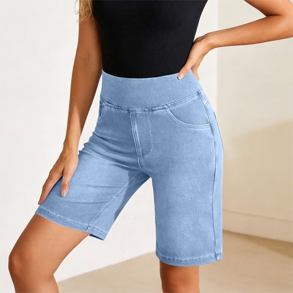 GERsome Women's Denim Shorts Knee Length High Rise Bermuda Jean Shorts with Pockets Sky Blue Size 2XL