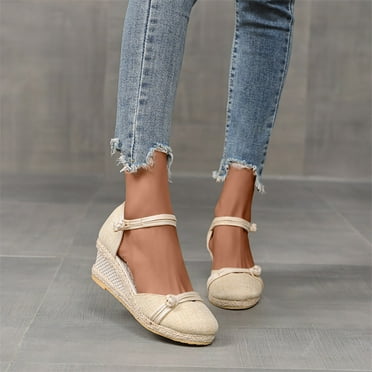 GERsome Women's Espadrille Low Wedge Heel Sandals with Buckle Ankle Strap Close Toe Casual Dressy Summer Platform Shoes