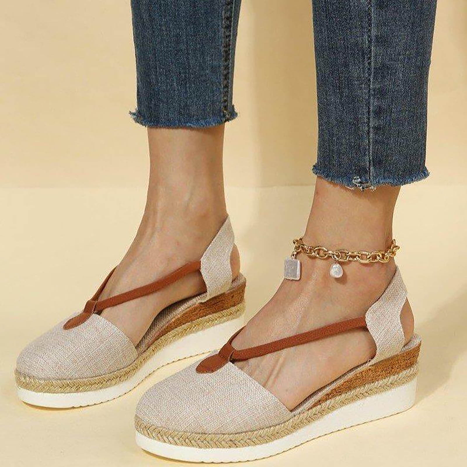 Gersome Womens Espadrille Low Wedge Heel Sandals With Buckle Ankle Strap Close Toe Casual 0057