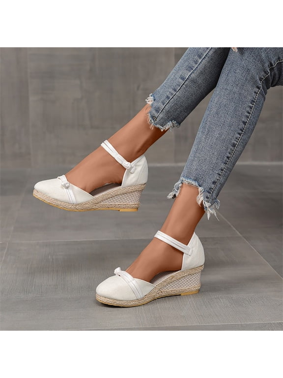 Women's Espadrille Low Wedge Heel Sandals with Buckle Ankle Strap Close Toe Casual Dressy Summer Platform Shoes