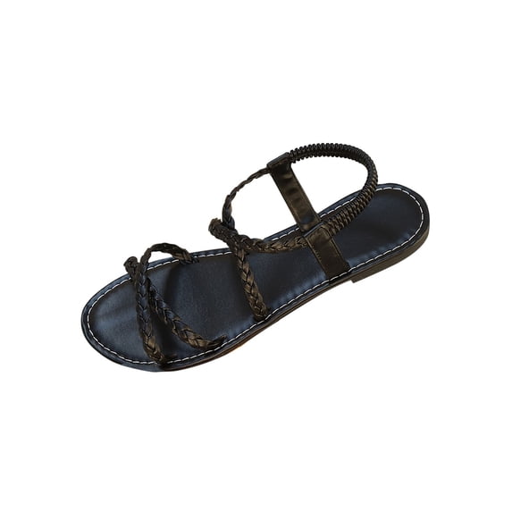 GERsome Women's Flat Sandals Braided Strappy Open Toe Elastic Ankle Strap Summer Beach Vacation Walking Shoes, Black Size 6.5