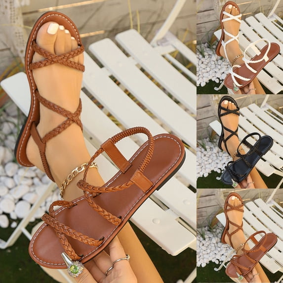GERsome Women's Flat Sandals Braided Strappy Open Toe Elastic Ankle Strap Summer Beach Vacation Walking Shoes, Brown Size 5.5