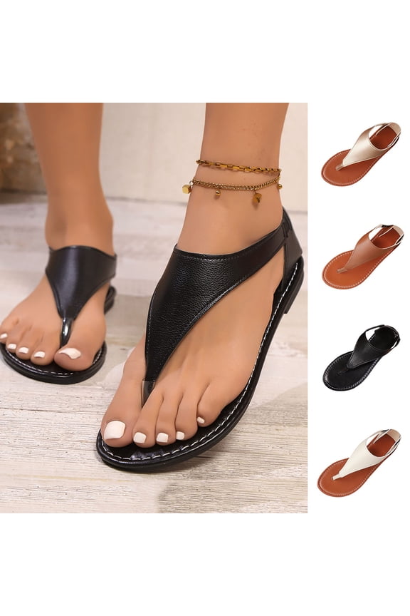 Women's Flat Sandals Dressy T-Strap Thong Sandals Open Toe Summer Beach Flip-Flops, Black Size 7.5