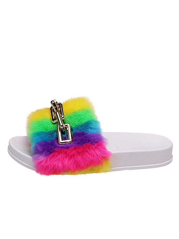 Women's Flat Sandals Open Toe Slide Sandals Plush Slippers with Metal Chain for Summer Spring Autumn