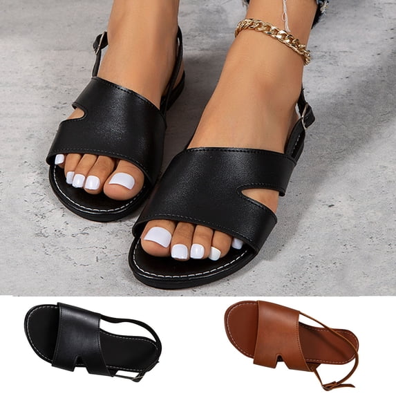 GERsome Women's Flat Sandals Open Toe Slip On Summer Beach Sandals Adjustable Buckle Slingback Slides, Black Size 5.5