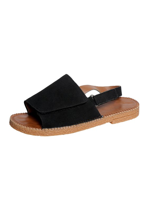 Women's Flat Sandals Slip-On Open Toe Slingback Beach Sandal Summer Vacation Casual Walking Slides, Black Size 5.5