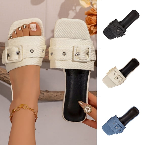 GERsome Women's Flat Sandals Square Open Toe Slip-On Buckle Slides Summer Beach Sandals for Outdoor Beige Size 5.5