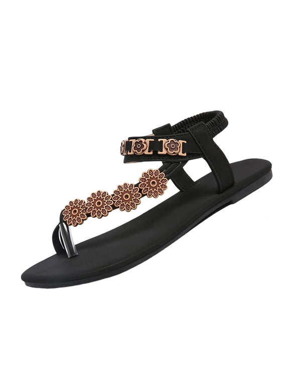 Women's Flat Thong Sandals Toe Ring Ankle Strap Slip-On Flip-Flops Dressy Bohemian Summer Beach Sandals, Black Size 9.5