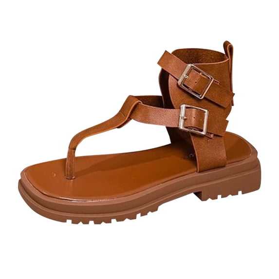 GERsome Women's Flatform Thong Sandals Open Toe Buckle Strap Comfort Flip Flop Summer Slip On Beach Sandals, Brown Size 7