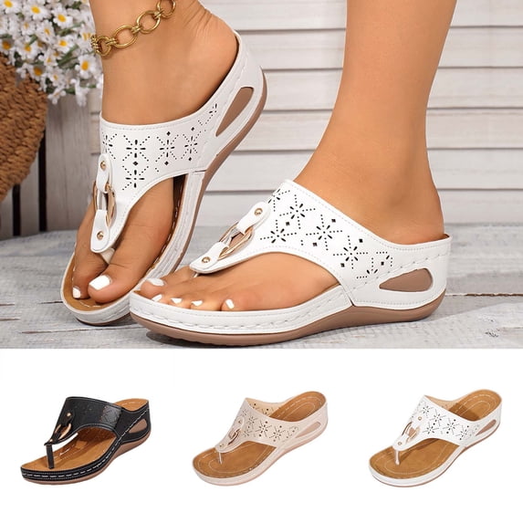 GERsome Women's Flip-Flops Open Toe Slip-On Wedge Thong Sandals Beach Summer Walking Slides Shoes, White Size 8.5
