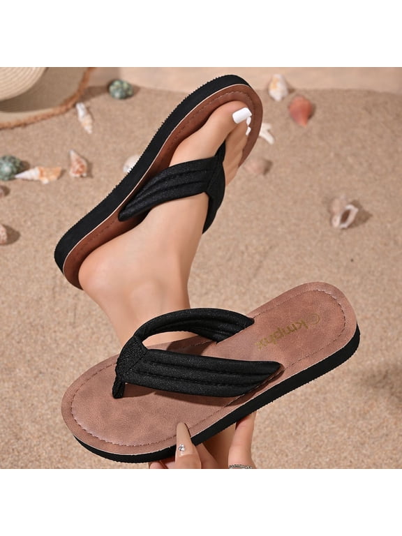 Women's Flip-Flops Summer Beach Flat Sandals Comfort Slip On Travel Walking Thong Slides, Black Size 6.5