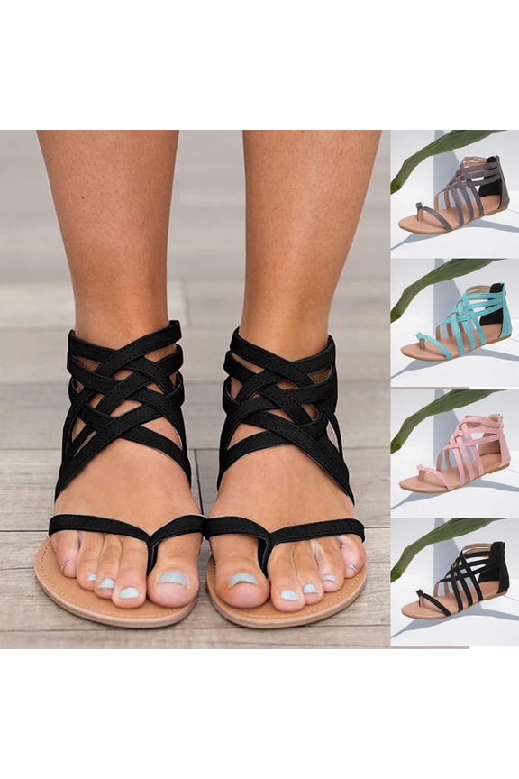 Women's Gladiator Thong Sandals Strappy Flat Flip-Flops Back Zipper Summer Beach Slides, Black Size 7.5