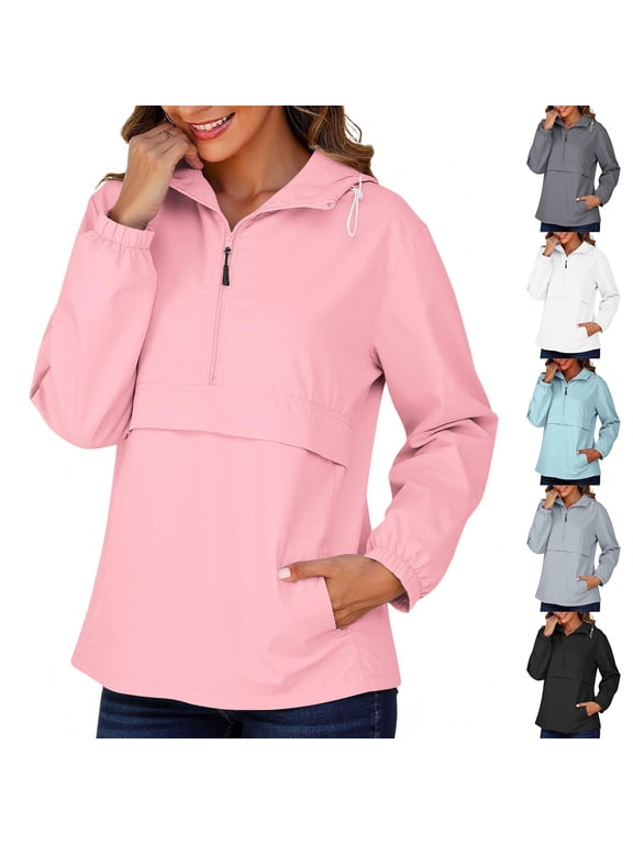 Women's Half Zip Hooded Long Sleeve Windbreaker Pullover Drawstring Outdoor Jacket Tops with and Pocket