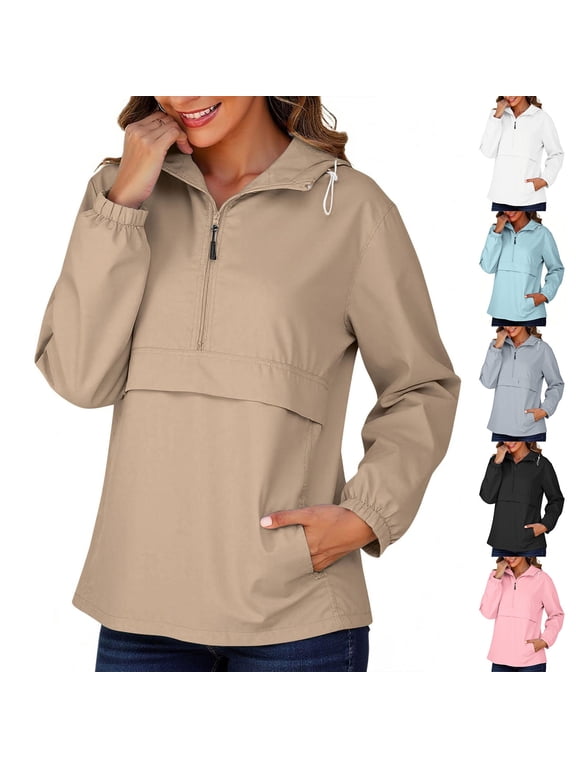 Women's Half Zip Hooded Long Sleeve Windbreaker Pullover Drawstring Outdoor Jacket Tops with and Pocket