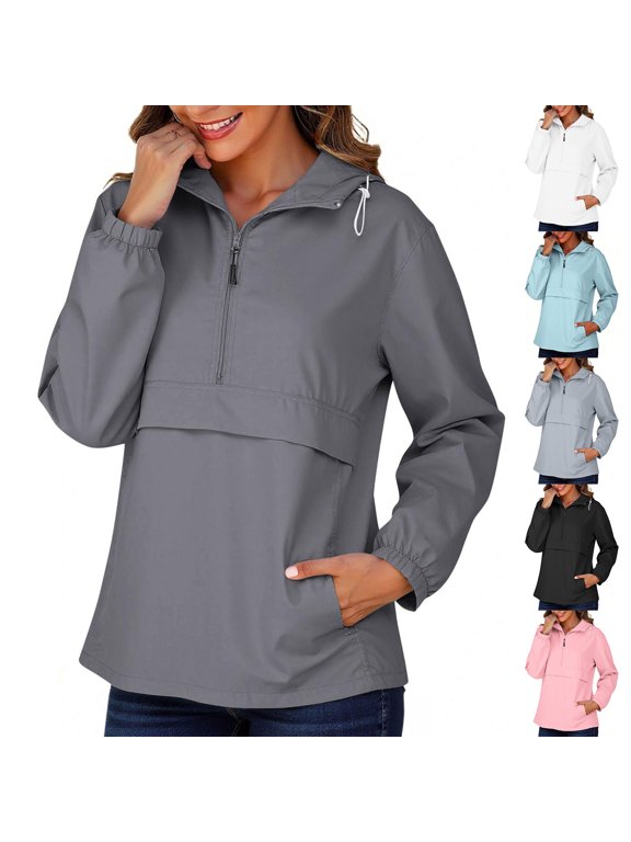 Women's Half Zip Hooded Long Sleeve Windbreaker Pullover Drawstring Outdoor Jacket Tops with and Pocket