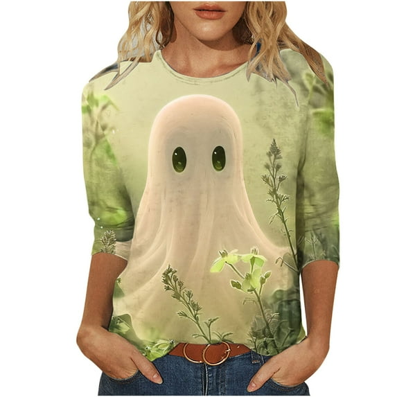 GERsome Women's Halloween 3/4 Sleeve Shirts Elbow Crew Neck Womens Tee Shirts Plus Size Half Sleeve Halloween Graphic Tops Clearance Blouse for Women Size XXL