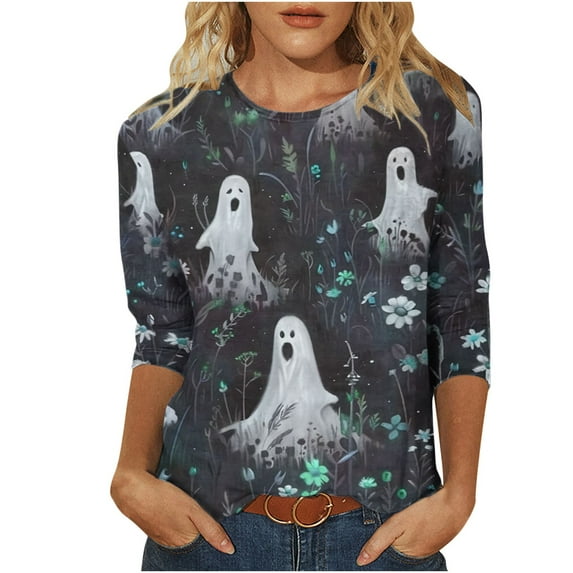 GERsome Women's Halloween 3/4 Sleeve Shirts Elbow Crew Neck Womens Tee Shirts Plus Size Half Sleeve Halloween Graphic Tops Clearance Blouse for Women Size M