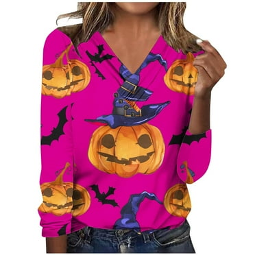 GERsome Women's Halloween Long Sleeve Shirts Pleated V Neck T Shirts Button Tunic Tops Halloween Pumpkin Print Casual Comfy Blouses Size M