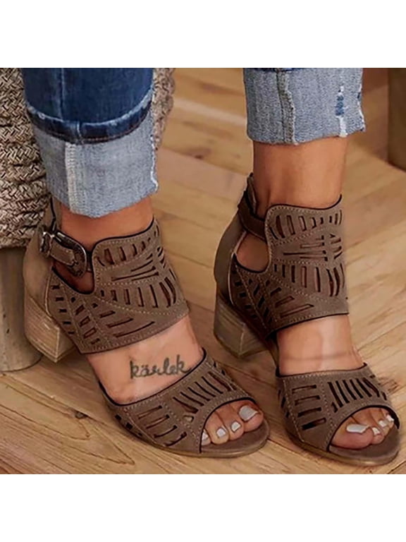Women's Heeled Sandals Peep Toe Booties Suede Cutout Side Ankle Strap Low Heels Dress Sandals