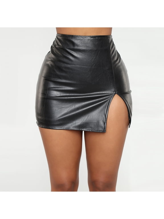 Women's High Waist Bodycon Mini Short Faux Leather Skirt with Slit