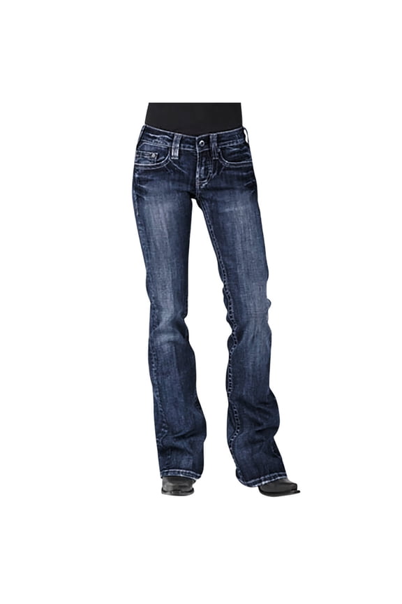 Women's Jeans Mid Waisted Embroidery Stretch Button Straight Full Length Pants