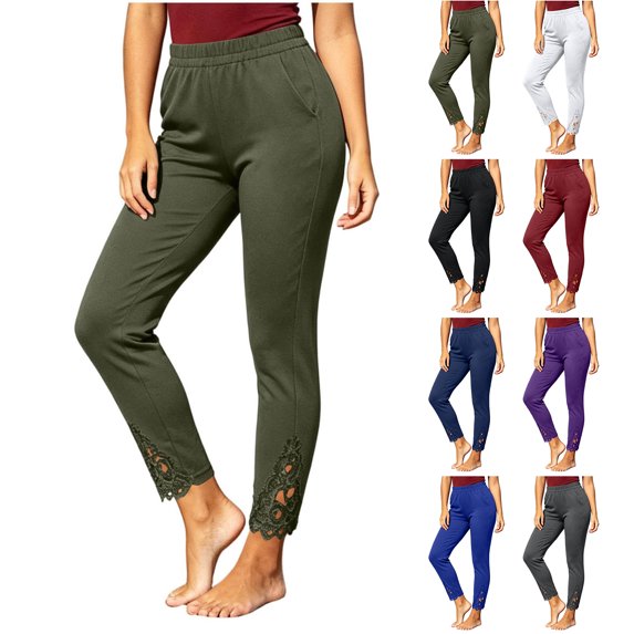 GERsome Women's Leggings Floral Lace Ankle Trim Slim Fit High Waisted with Pockets Casual Athletic Work Pants