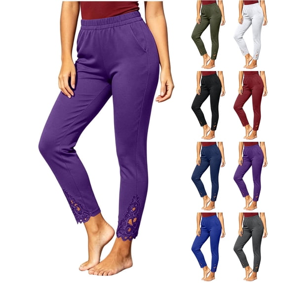 GERsome Women's Leggings Floral Lace Ankle Trim Slim Fit High Waisted with Pockets Casual Athletic Work Pants