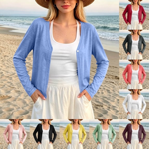 GERsome Women's Long Sleeve Cardigans Button Down V-Neck Open Front Lightweight Casual Sweater Tops Light Blue L