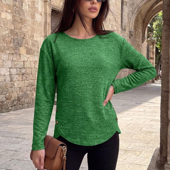 GERsome Women's Long Sleeve Shirts Crew Neck Button Trim Curved Hem Pullover Tops Casual Loose Fit Blouses Green L