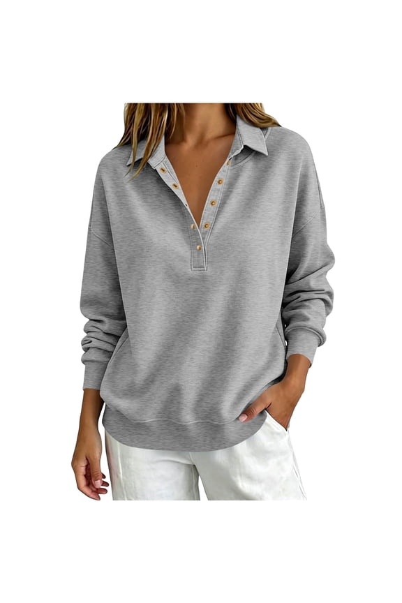 Women's Long Sleeve Sweatshirt Collared V-Neck Snap Button Loose Fit Pullover Shirts Gray 2XL