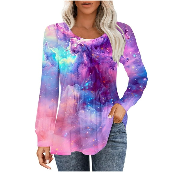 GERsome Women's Long Sleeve Tunic Tops Pleated Crew Neck Blouses Dressy Casual Loose Summer and Fall T-Shirts(S-XXL)