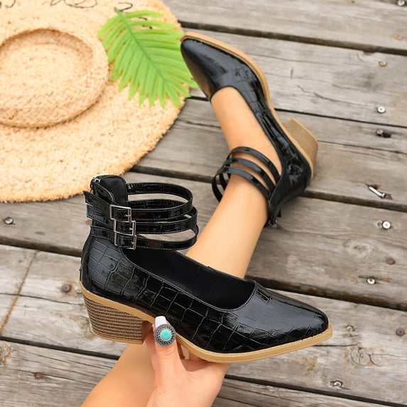 GERsome Women's Low Block Heels Closed Pointy Toe Ankle Buckle Chunky Heels Pumps Casual Wedding Dress Shoes, Black Size 6.5