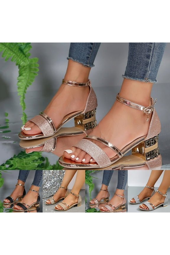 Women's Low Block Heels Sandals Open Toe Ankle Strap Chunky Pumps Dress Shoes for Party Wedding, Rose Gold Size 7